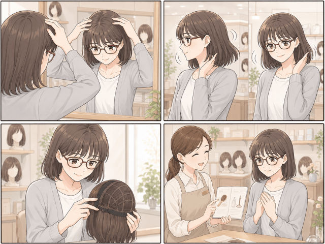 ウィッグ選びで自然さやフィット感を確認する女性の4コマ漫画