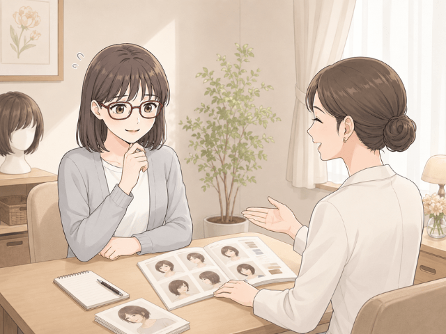 個室でウィッグの相談を受ける50代女性とスタッフの漫画