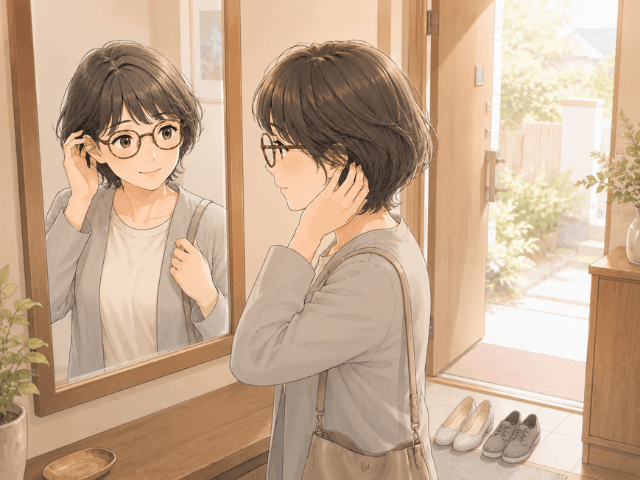 医療用ウィッグを着けた50代女性が、外出前に玄関の鏡で身だしなみを整えている漫画