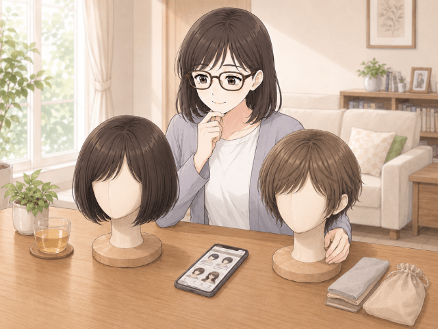 メイン用と予備用のウィッグを見比べる女性の漫画
