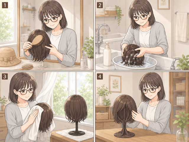 ウィッグをブラッシングして洗い保管するお手入れの4コマ漫画