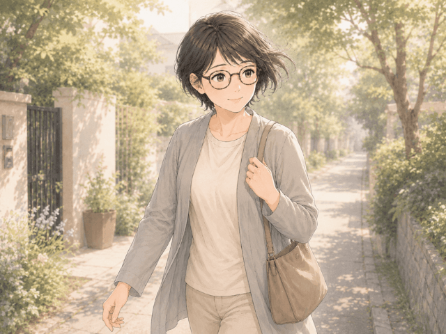 医療用ウィッグを自然に着けた50代女性が、外を前向きに歩いている漫画