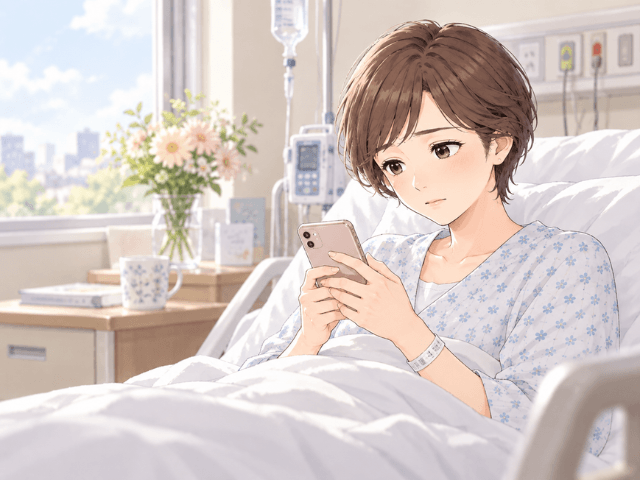 病室のベッドでスマートフォンを見る妹のイラスト