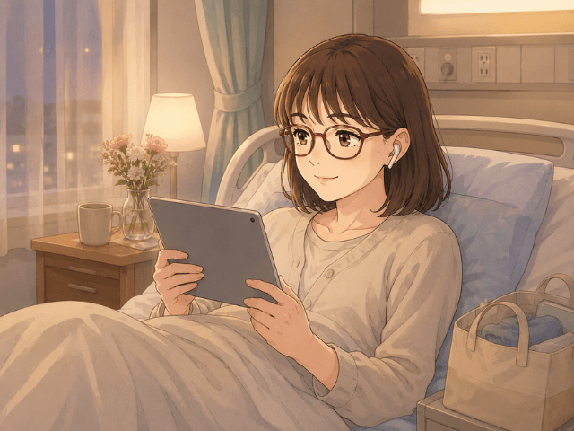 入院中にイヤホンをつけて気持ちを切り替える女性の漫画
