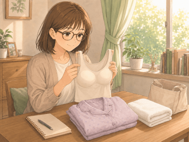 乳がん手術後の下着選びで、カップ付きインナーを手にして安心する女性の漫画