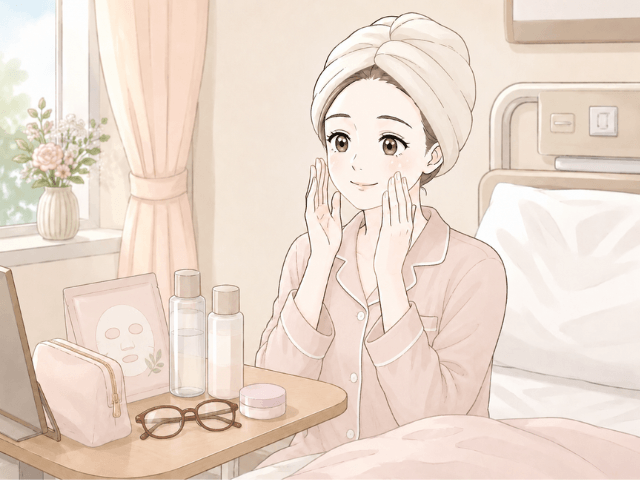 入院中に病室でスキンケアをして少し安心する女性の漫画