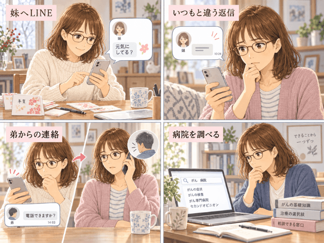 妹へのLINEに違和感を覚えたあと、弟からの連絡を受け、がんや病院について調べるまでを描いた4コマイラスト