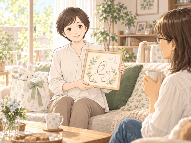 2022年の夏、妹が赤ちゃんのお祝いを持って自宅を訪れ、名前をモチーフにした一筆書きの絵を手渡しているイラスト