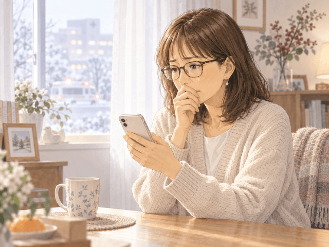 妹が入院し「十二指腸がん」と聞いたあと、スマートフォンを手に涙を浮かべる筆者のイラスト