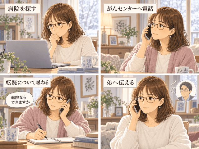 妹のために病院を探し、がんセンターへ電話して転院について尋ね、その内容を弟に伝えるまでを描いた4コマイラスト