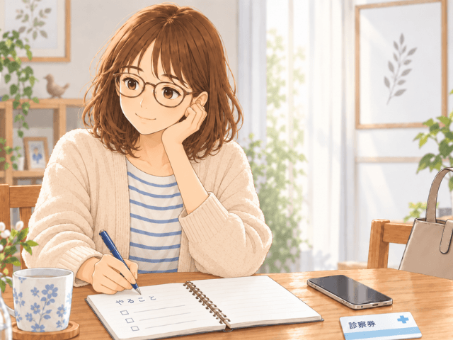 受診前に、症状が始まった時期や変化をノートに整理している様子を描いたイラスト