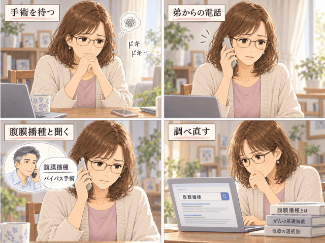 弟からの電話で妹の手術結果を知り、自宅で腹膜播種について調べ直す筆者の流れを描いた4コマイラスト