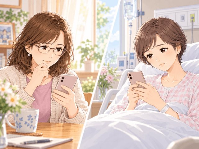 自宅でスマートフォンを見つめる女性と、病室でスマートフォンを見る妹を左右に描いたイラスト