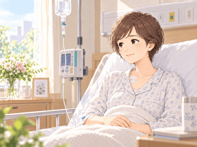 初めての抗がん剤治療を受ける妹が、病室で点滴につながれ静かに過ごしているイラスト