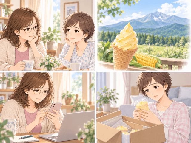 8月に妹と会って話した時間から、開田高原の思い出ととうもろこしアイスを送るまでを描いた4コマ風イラスト