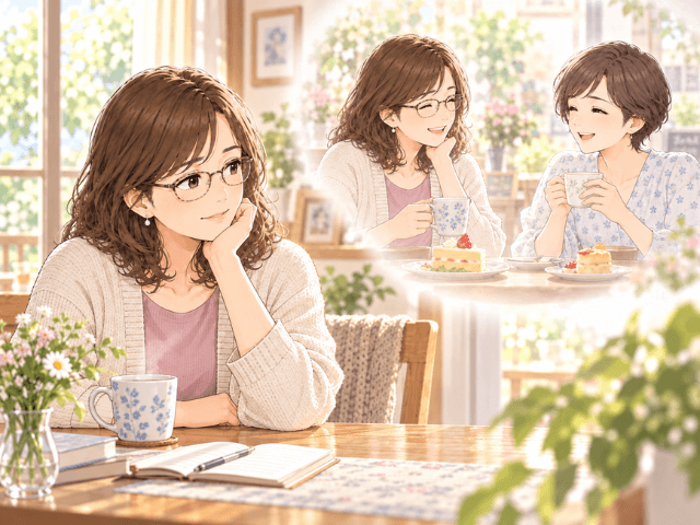 妹との何気ない時間を思い返す女性と、二人で話していた頃を淡い回想として描いたイラスト