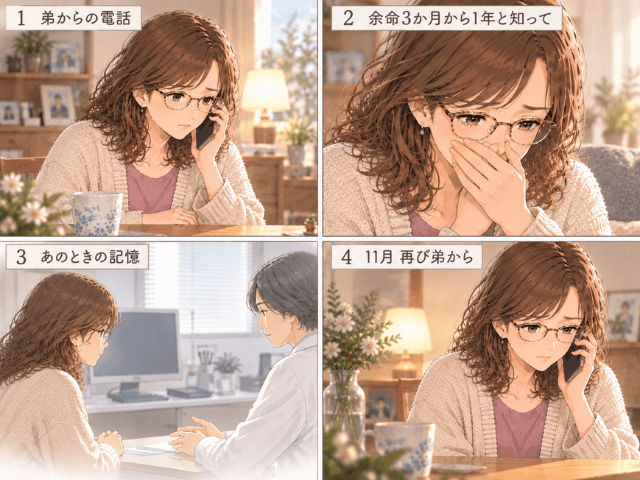 弟から妹の余命を聞き、女性が衝撃を受けた流れを4コマで描いたイラスト