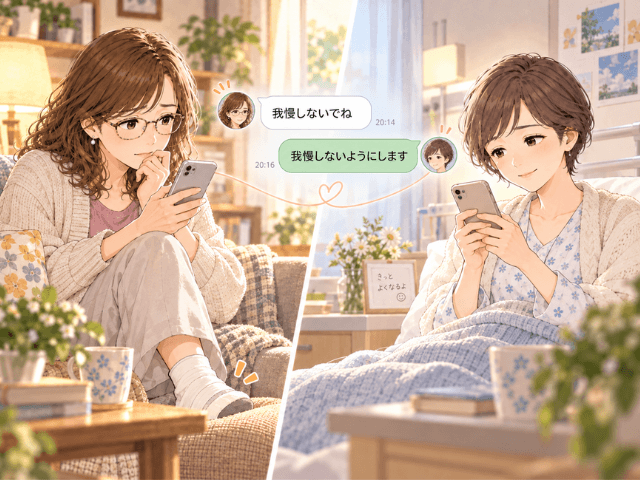 会いに行けない中で、姉と妹がそれぞれ別の場所でLINEを交わしているイラスト