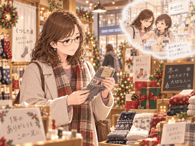 ソックス専門店で妹への贈り物を選ぶ女性を描いたイラスト