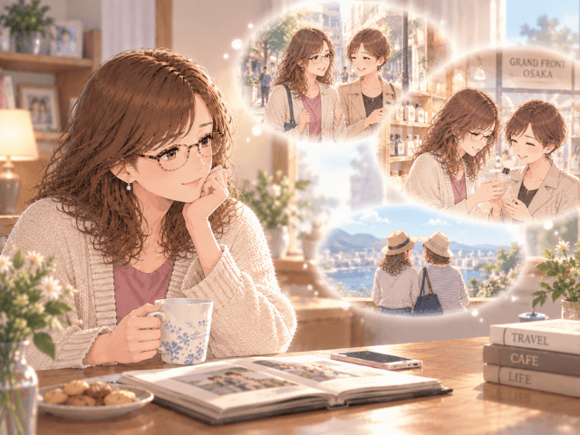 自宅で一人、妹と買い物や外出をした日々を思い浮かべる女性のアニメイラスト