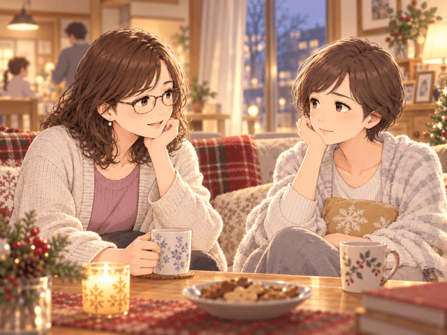 12月の夕方、妹の家のリビングで向かい合い、穏やかに話をする2人の女性のアニメイラスト