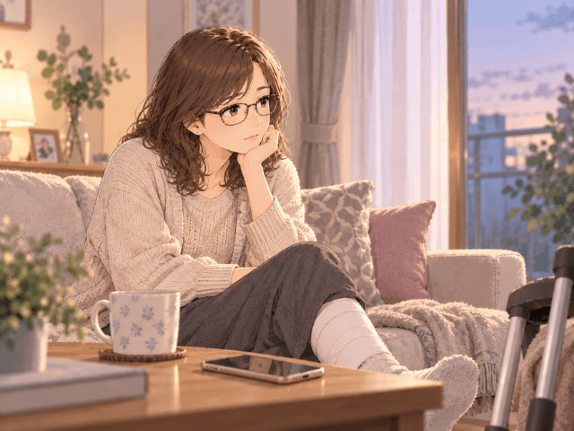 足を痛めて自宅のソファで休みながら、スマートフォンをそばに置いて考え込む女性のアニメイラスト