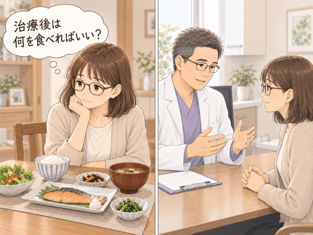 乳がん治療後の食事について自宅で考え、医師に相談する女性の2コマ漫画