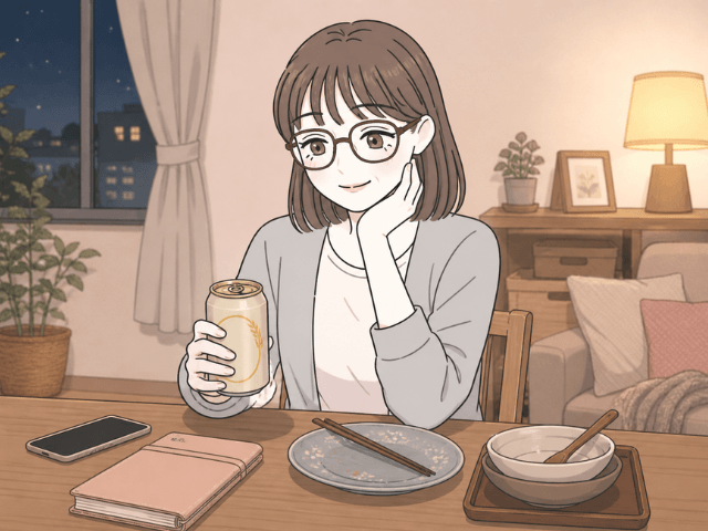 一日の終わりに缶ビールを見つめながら、ちょっとだけなら大丈夫と思っている女性の漫画風イラスト
