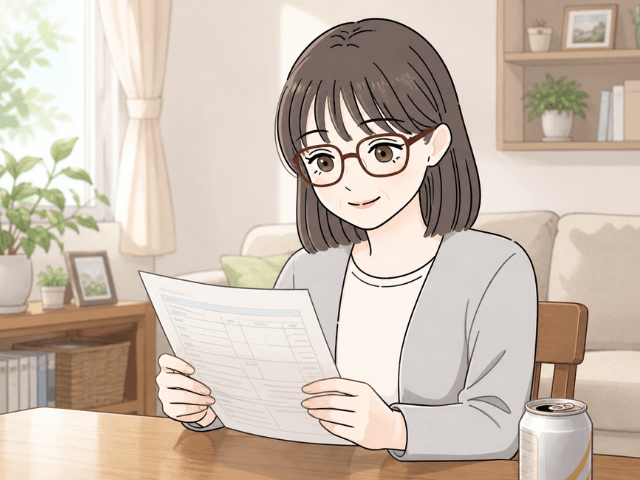 健康診断の結果に安心しながら、飲酒習慣のリスクには気づいていなかった女性の漫画風イラスト