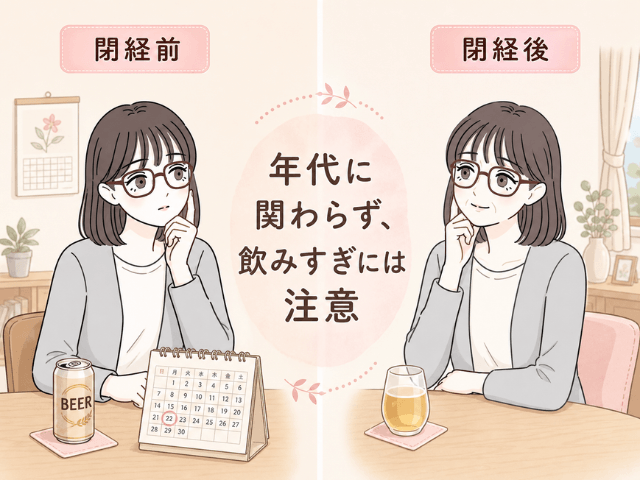 閉経前と閉経後の女性の飲酒リスクについて、年代に関わらず注意が必要であることを示した比較イラスト
