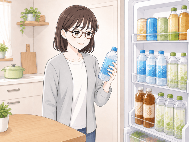 冷蔵庫の前で炭酸水を手に取り、飲酒習慣を見直そうとしている女性の漫画風イラスト