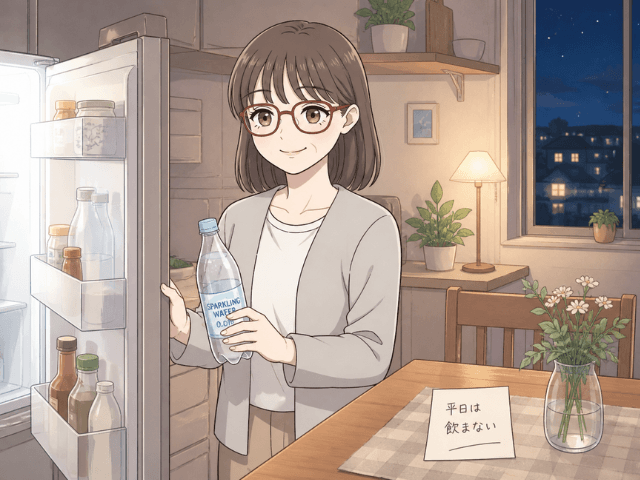 平日は飲まないと決め、炭酸水を選んでいる女性の漫画風イラスト