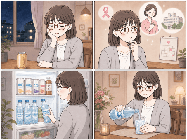 缶ビールを手に取ろうとした女性が、飲酒習慣を見直して炭酸水を選ぶまでを描いた4コマ漫画