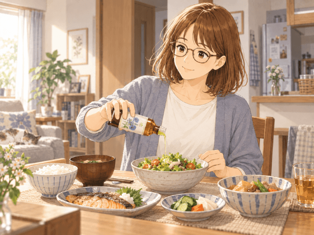 自宅の食卓でサラダに亜麻仁油やえごま油をかける50代女性