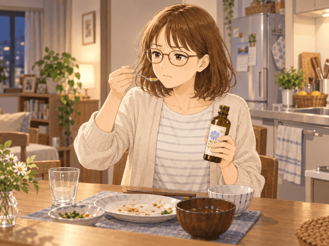 食事に油をかけ忘れ、キッチンでスプーンからそのまま亜麻仁油を飲む女性