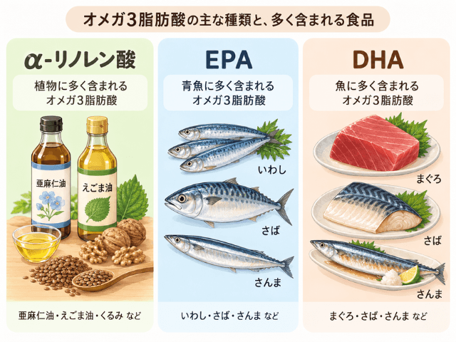 オメガ3脂肪酸のα-リノレン酸、EPA、DHAを多く含む食品を示したイラスト
