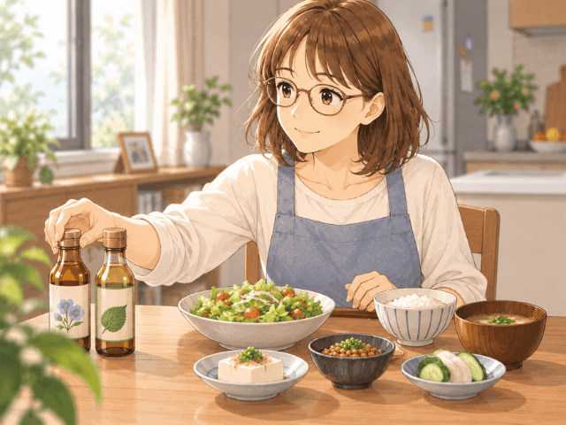 食卓に亜麻仁油とえごま油を置き、料理に使おうとしている女性