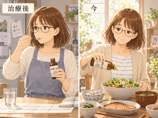 治療後にスプーンで油を飲んでいた頃と、現在サラダに無理なく取り入れている様子の比較イラスト