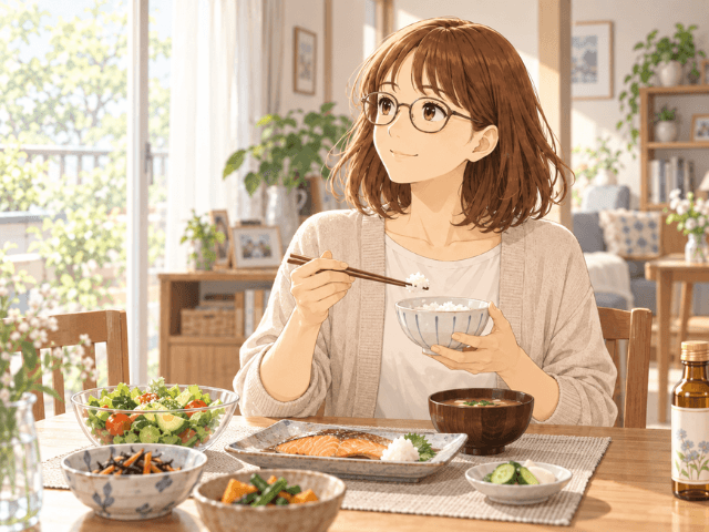 経過観察終了後、自宅で普段の食事を穏やかに楽しむ女性