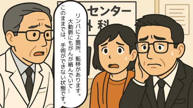 がんセンターの外科医師から説明を受かる夫婦イラスト