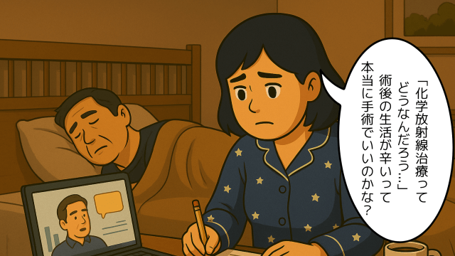 情報を集める妻と、就寝している夫のイラスト