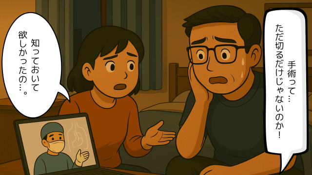 手術の動画を見て驚く夫と説明をする妻のイラスト