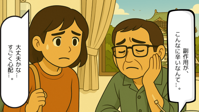 夫が入院する病院へお見舞いに来た妻のイラスト