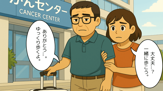 退院する夫に寄り添う妻のイラスト