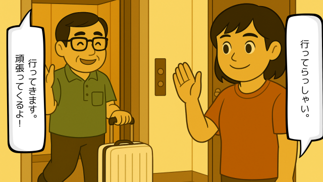 夫を送り出す妻のイラスト