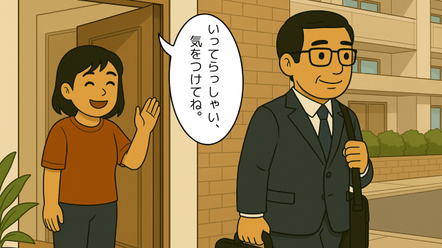 夫を見送る妻のイラスト