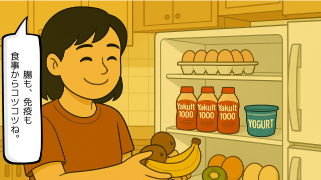 冷蔵庫に食品を入れる妻のイラスト