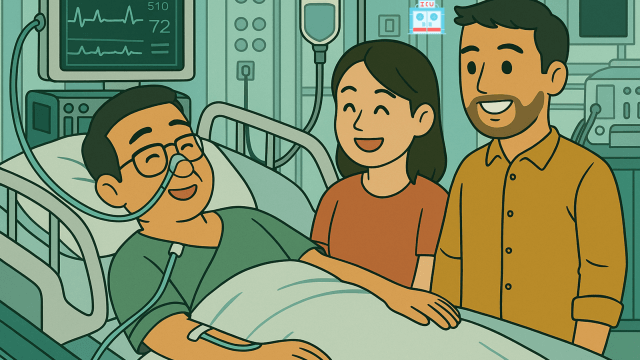ICUで面会する夫と娘夫婦のイラスト