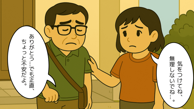 自宅前で夫を見送る妻のイラスト