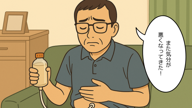 腸ろうに入れた栄養剤を体に流しいれる夫のイラスト